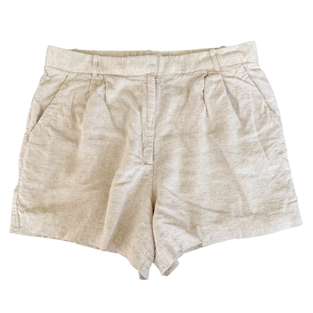 Abercrombie & Fitch Women Beige Linen Blend Pleated High Rise Shorts Size 16R 33